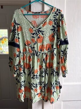 mark. Mint Green Floral V-Neck Tunic with Orange and Navy Print